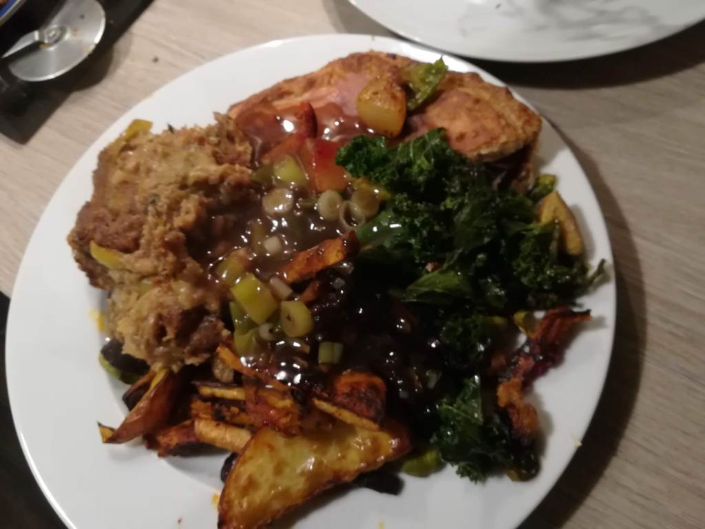 Perfect with a plate of roast vegetables, stirfried greens and gravy (and a mushroom and chestnut pie!)